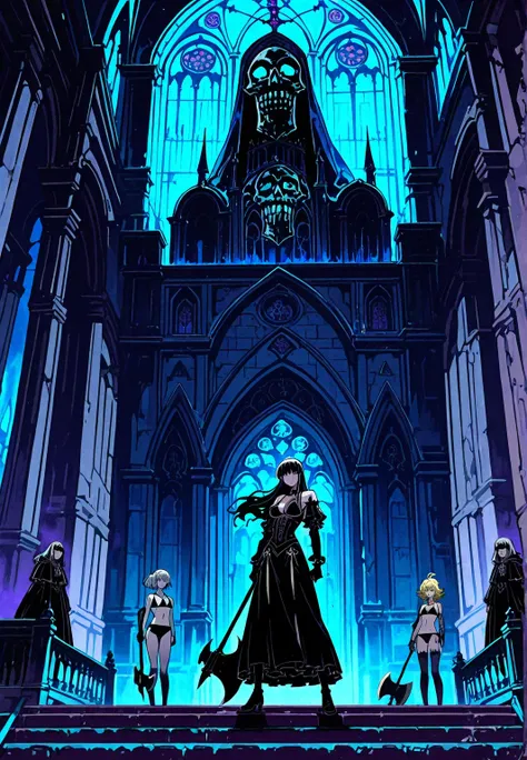 Chica gárgola, goth make-up, piel rocosa gris, tiny bikini,  senos promedio, fighting en la cumbre de iglesia, holding an axe, skulls. Background: CATHEDRAL,  Dark atmosphere, violet light, man behind her