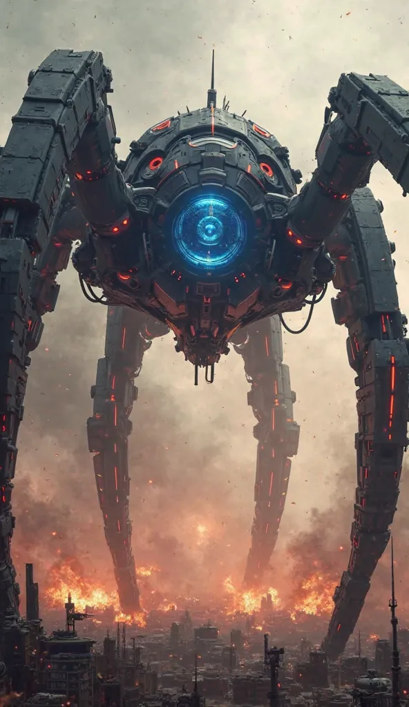 "A towering mechanical spider-like war machine, as tall as a skyscraper. It has six massive, armored legs, capable of crushing buildings and enemy structures beneath them. Its sleek, black metallic body is covered in glowing red energy lines, giving it a f...