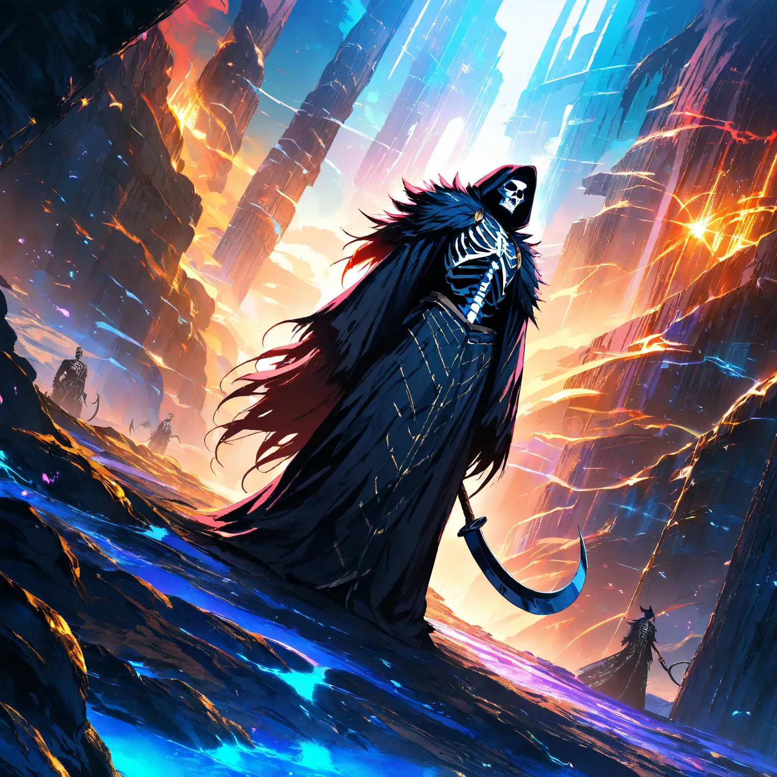 team high resolution, dungeon environment, distant angle, giant size, Skeleton with black fur robes, Pose holding sickle, anime atmosphere , fantasy style,  digital painting , dramatic lighting, vivid colors