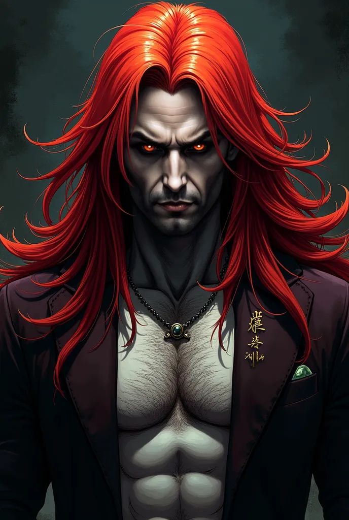 A man between 35 and 40 years old with long, red hair falling over his shoulders. His expression is cold and enigmatic, with deep, piercing eyes. His irises are an intense yellow, contrasting with the black sclera, creating an almost supernatural gaze. His...