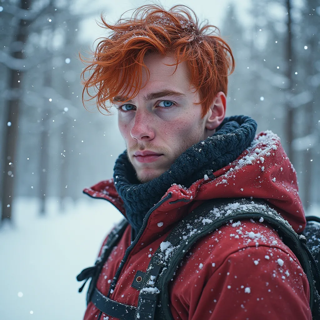 Realistic image;

man, Young, age 24,  red hair,  medium hair,  white skin, Violet Eyes. Survival clothes.

Man wears powers; blood powers, manipulate blood, Control blood, bloodbending.

Snow scenarios behind him.