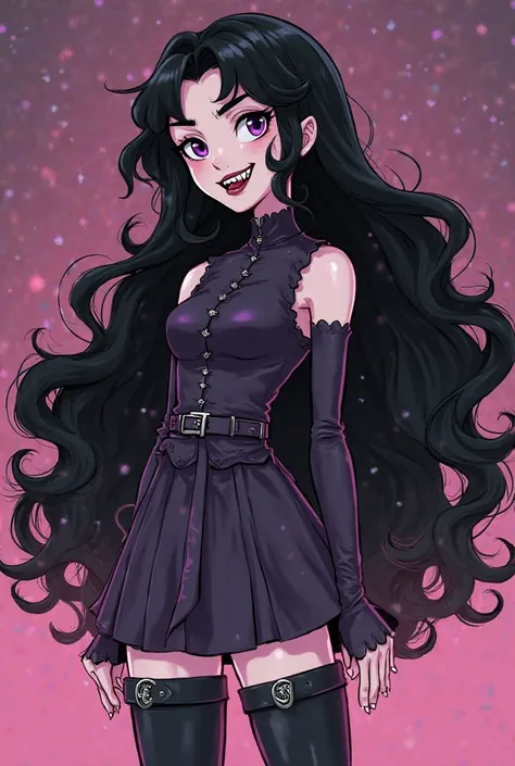 Comic My Hero Academia A Vampire Girl, wavy black hair almost waves down the waist, purple eyes, dark lips with fangs, pale skin almost pink, dress, tall boots with a thick platform just like his sister Draculaura heel 