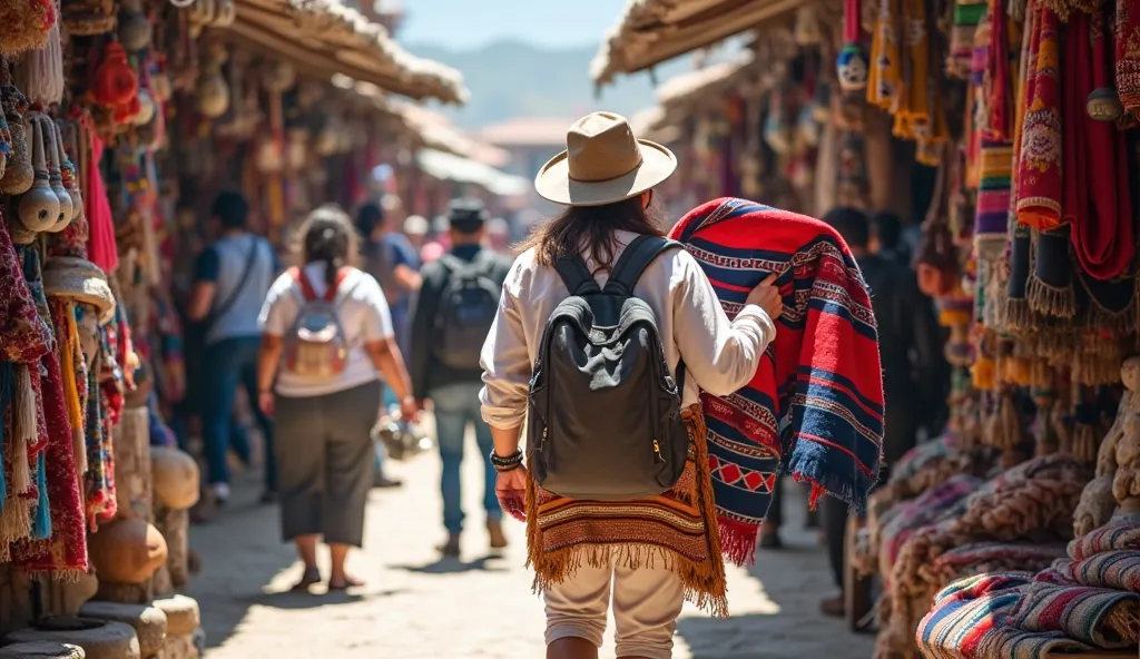 "An image capturing the experience of visiting and exploring Ecuador's artisanal markets, highlighting cultural authenticity and the interaction between travelers and local artisans.

In the foreground, a tourist wearing a backpack and a wide-brimmed hat s...