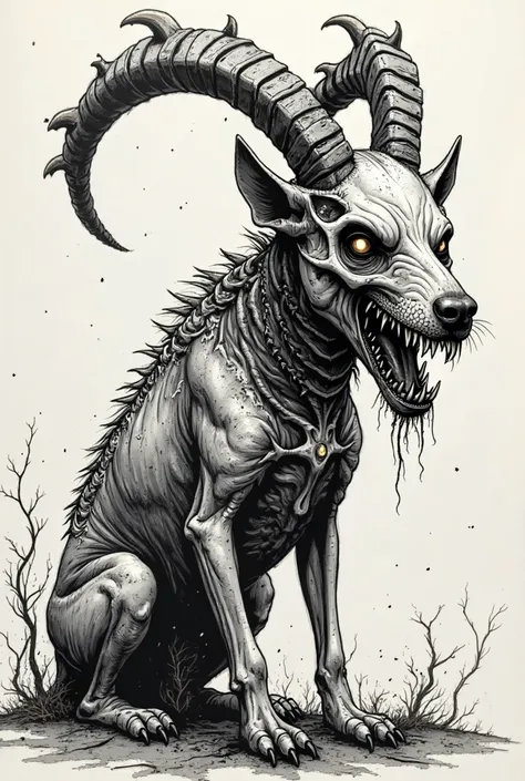 tattoo sketch of a dog with necrosis and exposed spine, The dog must be aggressive and show the teeth, Make it full-bodied, in addition, add a goat skull helmet and make it as satanic as possible 