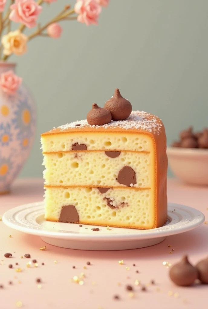 a serving of vanilla cake with chocolate chips inside in animated style