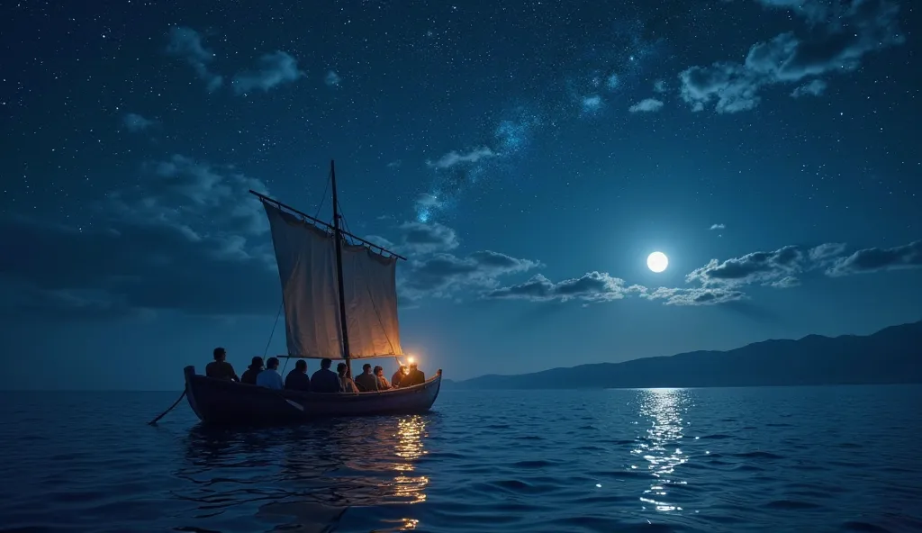 A night sky full of stars begins deploy over the Sea of Galilee, with the deep blue of the night slowly covering the horizon. The disciples' boat floats in the center of the image, with its candle still collected, while men observe the sky in silence. The ...