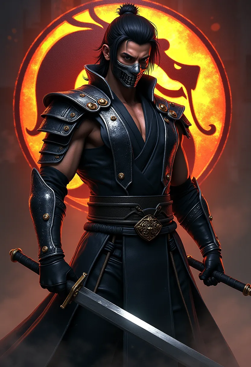 from Mortal Kombat, full length,
Takeda _Takahashi_KH, One, black hair, 1 boy,,  male focus ,  headband , Sci-fi, Realistic, Metallic black armor, skull mask, katana weapon, ( Masterpiece ,best quality:1.5), background mortal Combat logo