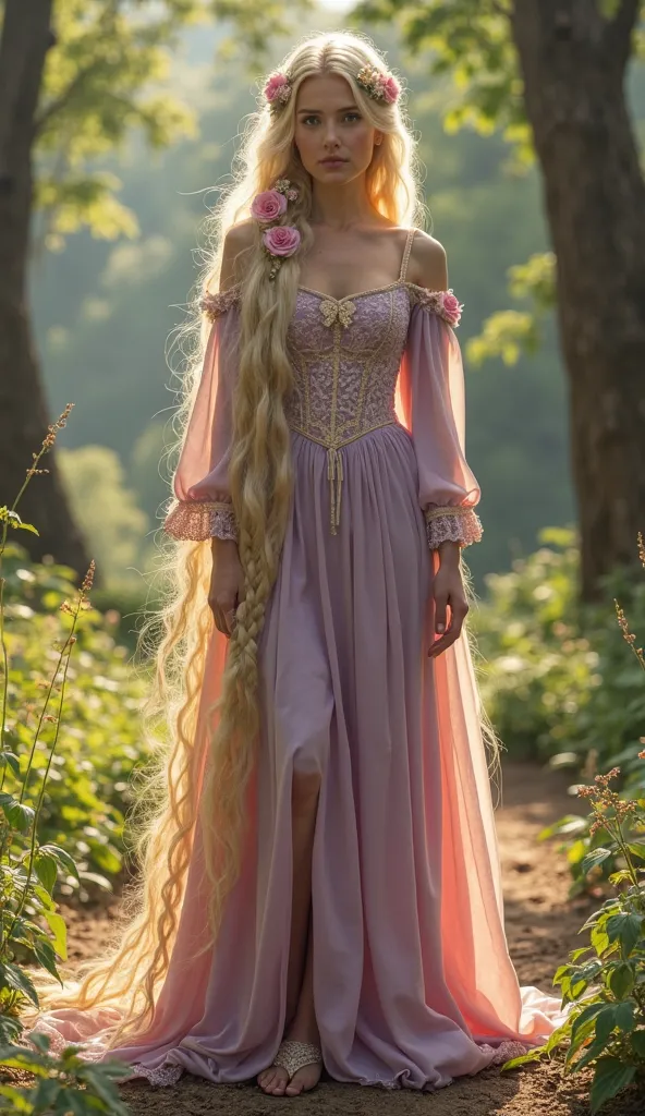 A hyper-realistic full-body image of a fair-skinned woman with incredibly long, golden hair flowing down to the floor in thick, radiant waves. Her hair is beautifully braided with small flowers woven throughout. She wears a lavender and pink medieval-style...