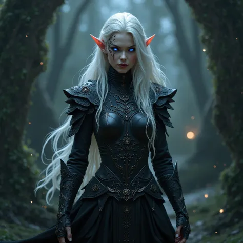 Elven woman with white hair, glowing blue eyes, dressed in black armor, scar over one eye, sadist smile on her face