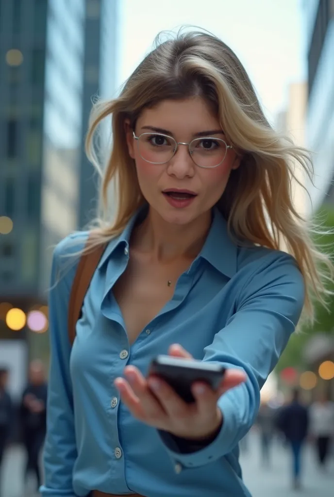 A young woman with an expression of desperation trying to reach her smartphone that is falling to the ground and cracking the screen on impact. She wears a blue blouse and is in a modern urban environment, with tall buildings and some people in the backgro...