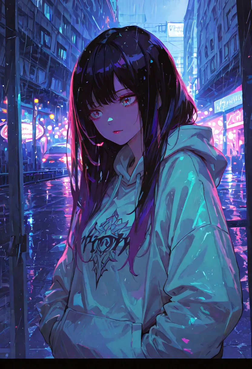 beautiful woman under hoodie,street fashion,Cool, black hair,long hair, real ,Photo,4K, super precise,Studio Light,Bokeh,colorful,Dark Tones,makeup,Minimalistic Poses, urban background,street,viaduct,neon,rain, Cinematic ,Cinematic Quality