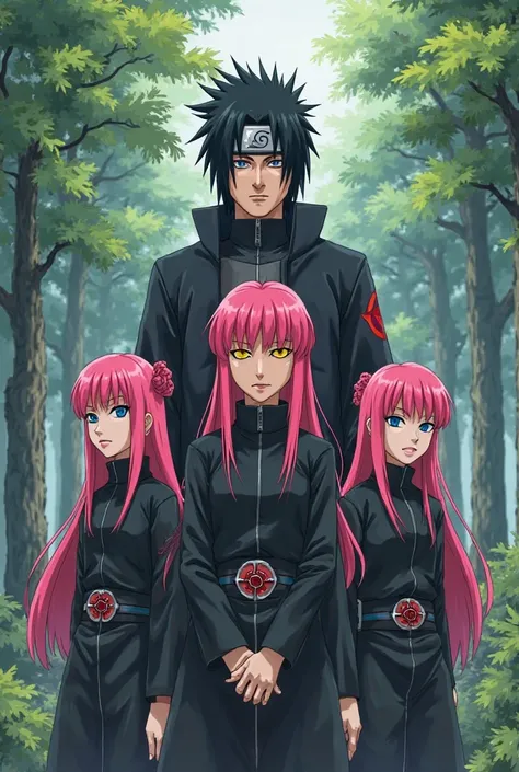 A fanart from the Naruto universe featuring a team featuring a black-haired sensei and his three pink-haired students. Everyone wears black clothes. 