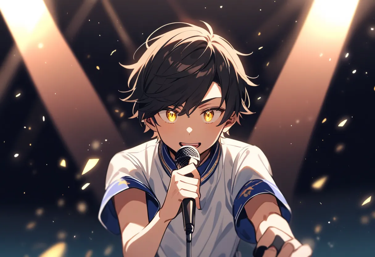 Clothes like a prince　 youth　short hair, youth boy, cool, holding microphone, shining eyes, 