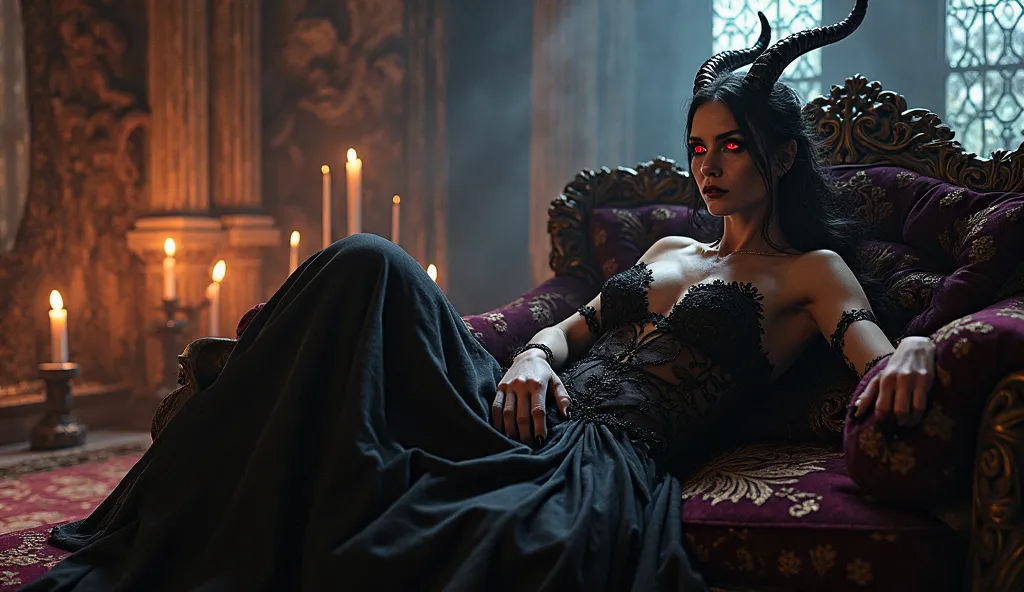 In the dim glow of flickering candlelight, Lilith, the Sovereign Succubus Queen, reclines languidly upon an opulent kline, its ancient ebony wood intricately carved with infernal motifs and silver inlays that shimmer like captured moonlight. The air is thi...