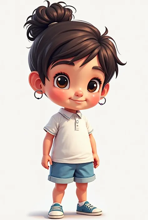  pixel 3D, Three-year-old girl,  dark brown hair, short and wavy with a high ponytail   , round black eyes , dressed in white polo with lead collar and lead shorts with light blue stripe . Kinder Background drawing 