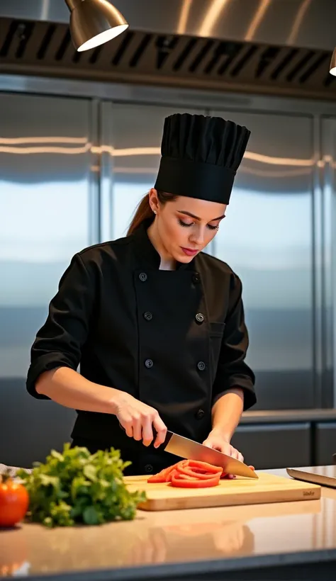 woman cooking in a large kitchen with an island in the center, The woman wears a black cap and top