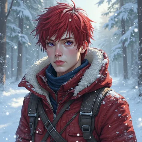 Realistic image; man, Young, age 24,  red hair,  medium hair,  white skin, Violet Eyes. Survival clothes.

Man wears powers; blood powers,manipulate blood, Control blood, bloodbending.

Snow scenarios behind him.