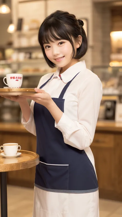 Only one woman, standing, (Staff uniform) (Red apron), /(Black hair/) Bangs, Gentle smile with blush on cheeks, (Top quality masterpiece :1.2) Super detailed delicate illustration, ((Big Break)), (Cafe shop) Indoor, ((( girl, Slim, ))), ((Red apron over co...