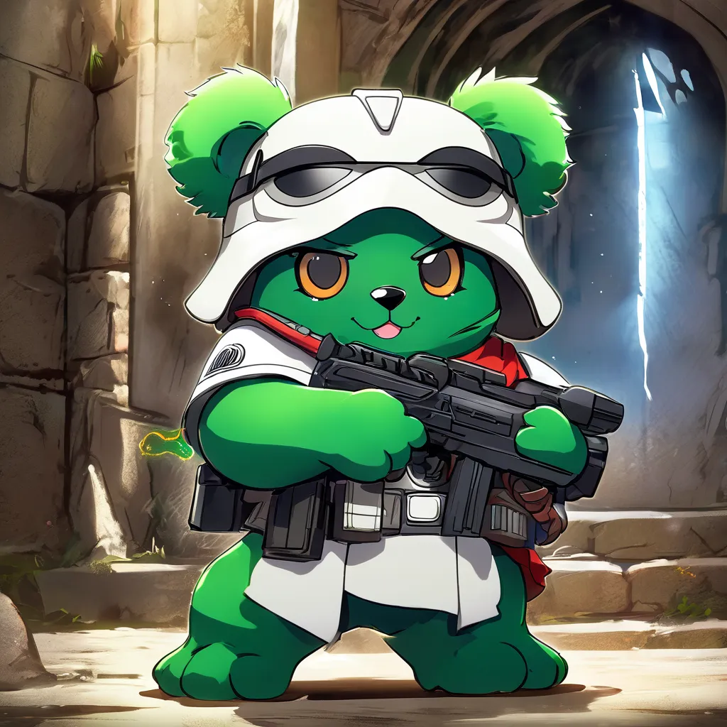 chibi army, masterpiece, best quality, fumo, anthro, kemono, male, ((round face, very plump face)), ((endomorph body type, old-aged)), (Storm Trooper Helmet), ((green bear, bear) fluffy fur, fluffy), (at old ruin, dungeons), bokeh, (high quality, highres, ...