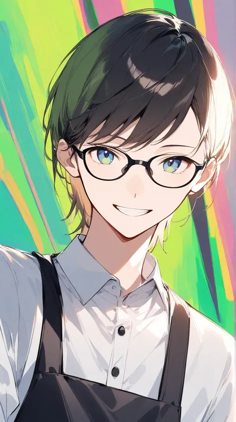 (green Back)、glasses、The Man Who Grins、 slender and tall 、all back、full body、 cutter shirt、apron、Low quality、