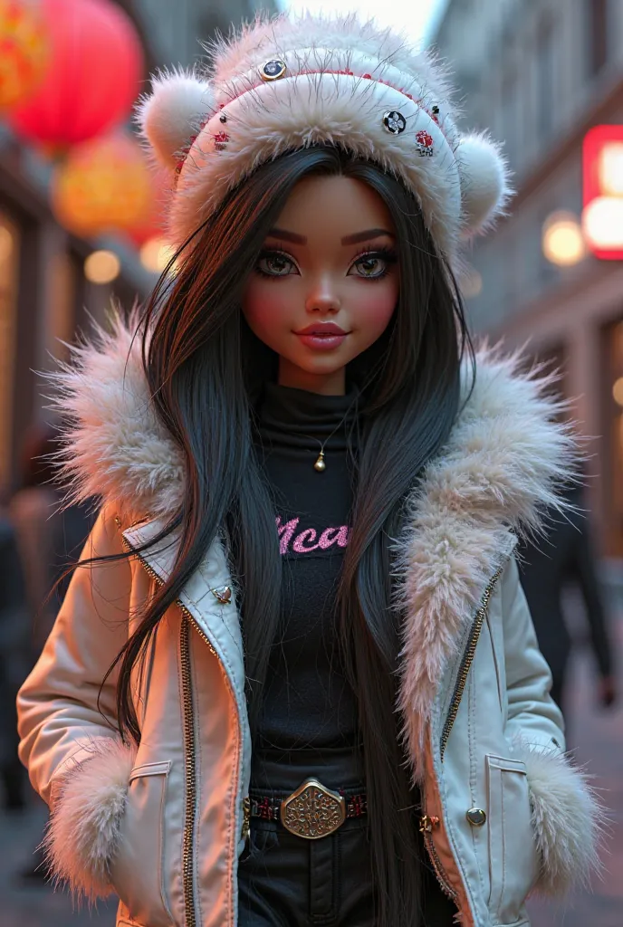 3D illustration of a beautiful long-haired Bratz in black with a furry white leather jacket decorated with “MELANIE”. She has a winter hat with casino decorations 