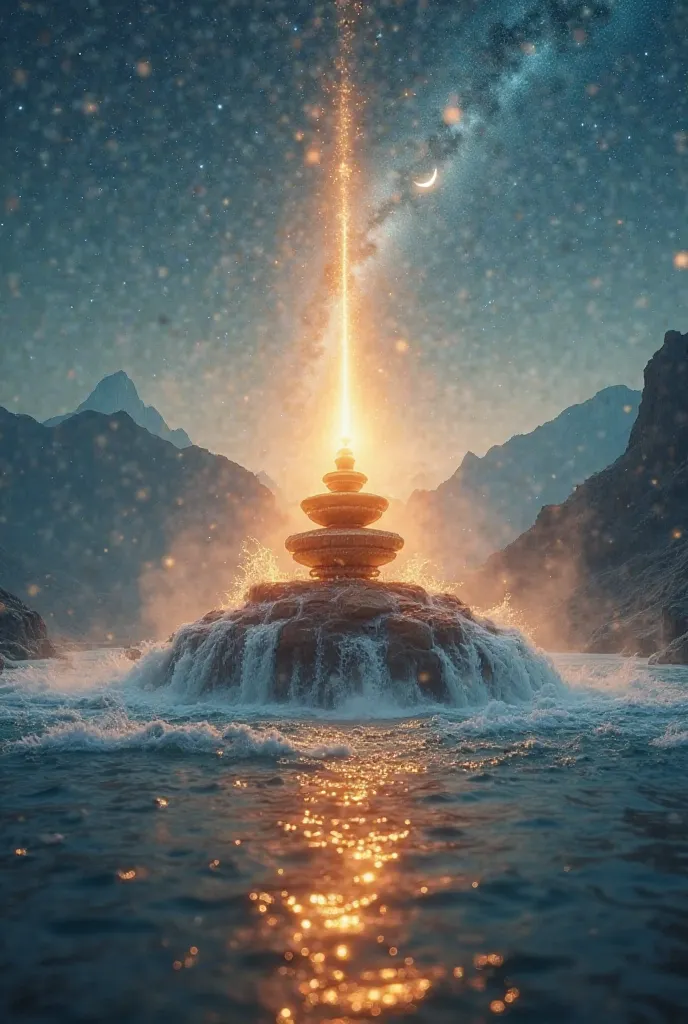 Main Focus: A grand Shiva Lingam surrounded by flowing water (symbolizing the Ganga), glowing with divine energy.

Background: A mystical temple or an open Himalayan landscape with a cosmic sky, stars, and a crescent moon.

Lighting & Depth: A soft golden ...