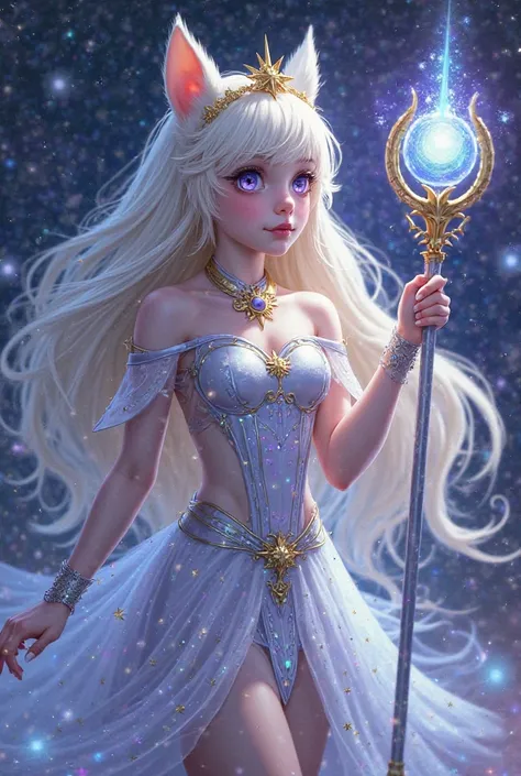 A magical girl with the following characteristics Hair: Largo plateado con reflejos golds and blues, floating star crown.
eyes: Intense violet ,  star-shaped pupils, Soft shine.
fur: Pale and translucent, with luminous constellation marks.
I wore a: Armdur...