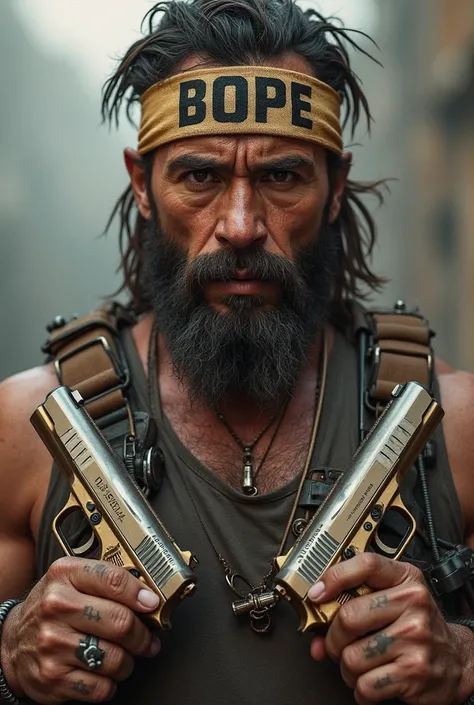 A 27-year-old man with a headband with the name Bope He has two pistols, one in gold and the other in silver. 