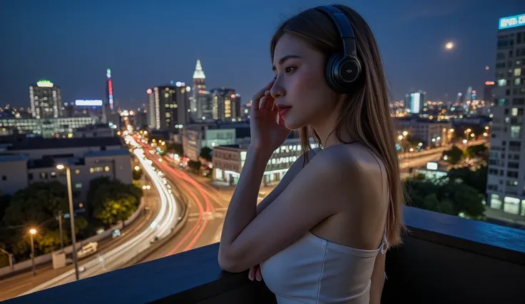 masterpiece, Best Quality, ultra-detailed, 16K resolutions, raw photo, 1girl, solo, beautiful hot Russian-Asia super model, 25 years old, 165cm tall, headphone, sharp-focus, wearing hot white pencil dress, image a corner of frame, dynamic pose, look at cit...