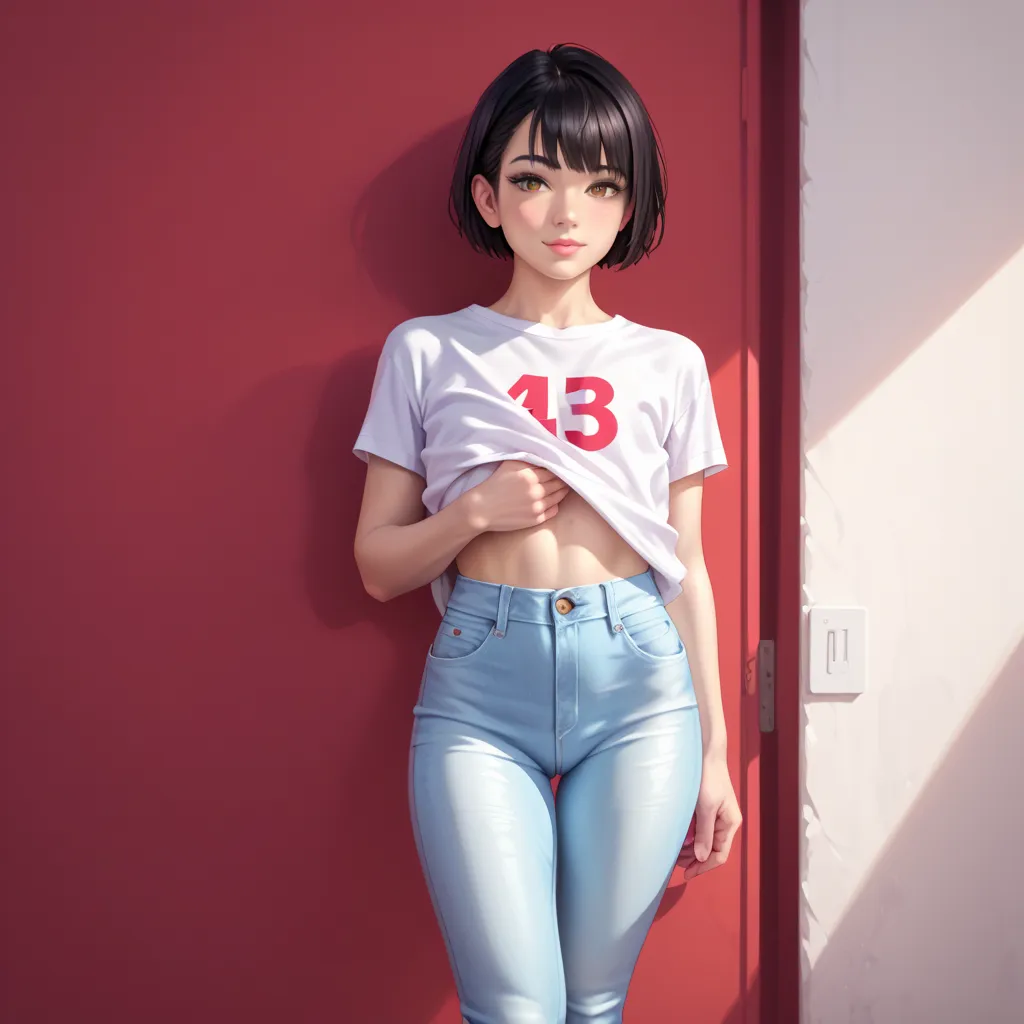 1 femboy, (Fat:0.75), stands on his feet, very short male black hair,  brown eyes,  red thong, white shirt, white thin jeans,  white sneakers, shy,  decent