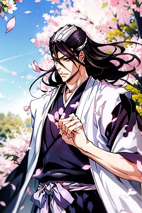 cz_byakuyav2-000002, 1boy, upper body, expressionless, japanese clothes, long hair, solo, cherry blossoms, looking at viewer,perfect_anatomy, perfect_body, perfect_face, perfect_eyes, perfect_chest, perfect_arms, perfect_hands, perfect_fingers, perfect_leg...