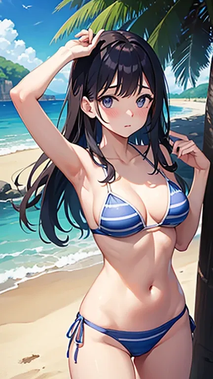   bikini、 standing、 slightly embarrassed expression 、 vertical navel 、Navel exposed、Medium breast、Bare arms、Exposing arms、Sexy pose to raise one hand、ager holding a castle、 beach、Clear skies during the day