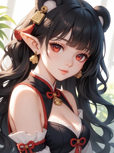 1 girl, long hair, chest, looks at one woman, bangs, red eyes, pointed ears,  panda ear,  black hair, 