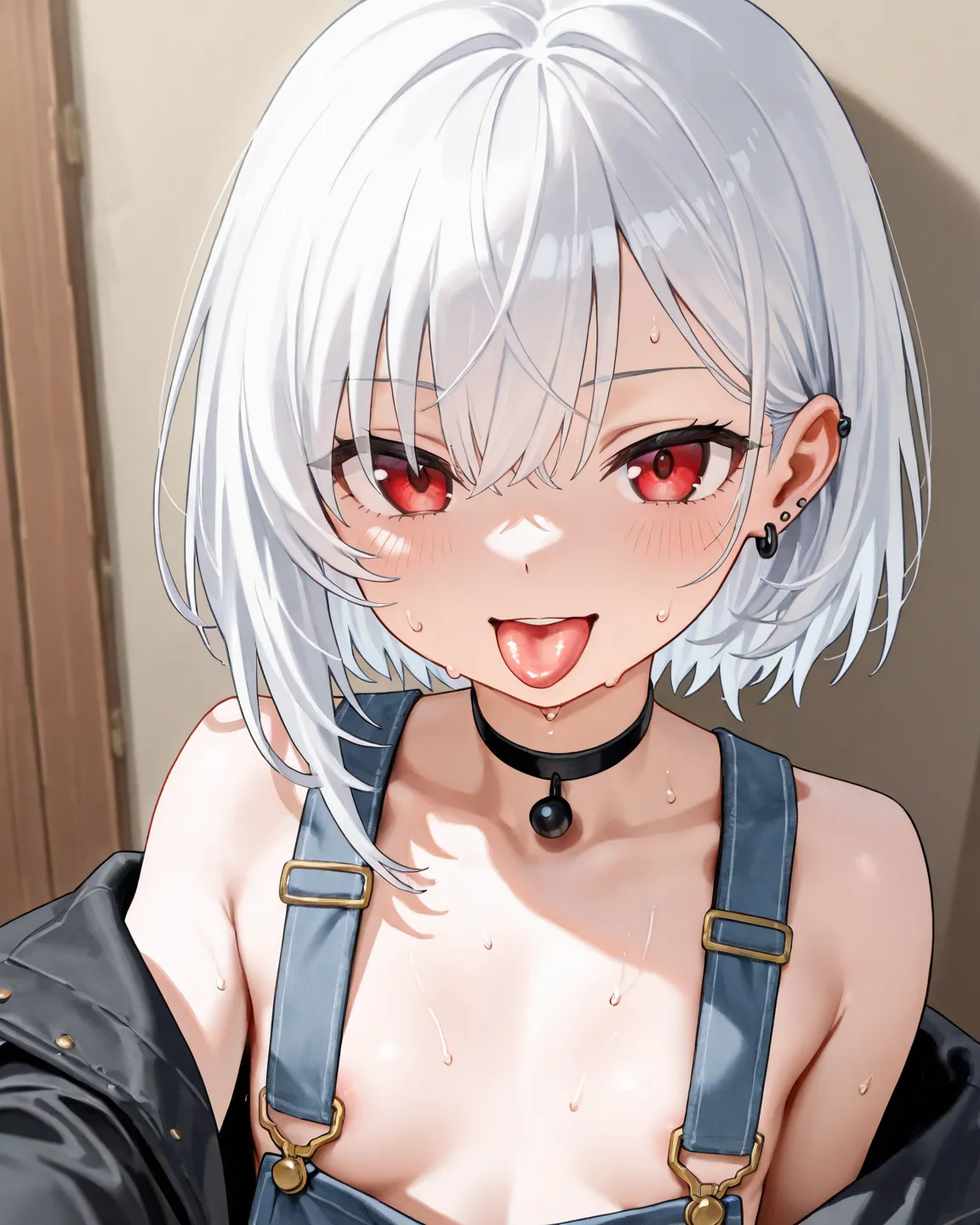 high quality,masterpiece,white hair,layer cut,red eyes,choker,black jacket,off shoulder,looking viewer,sweat,tongue,showing inside of mouth,