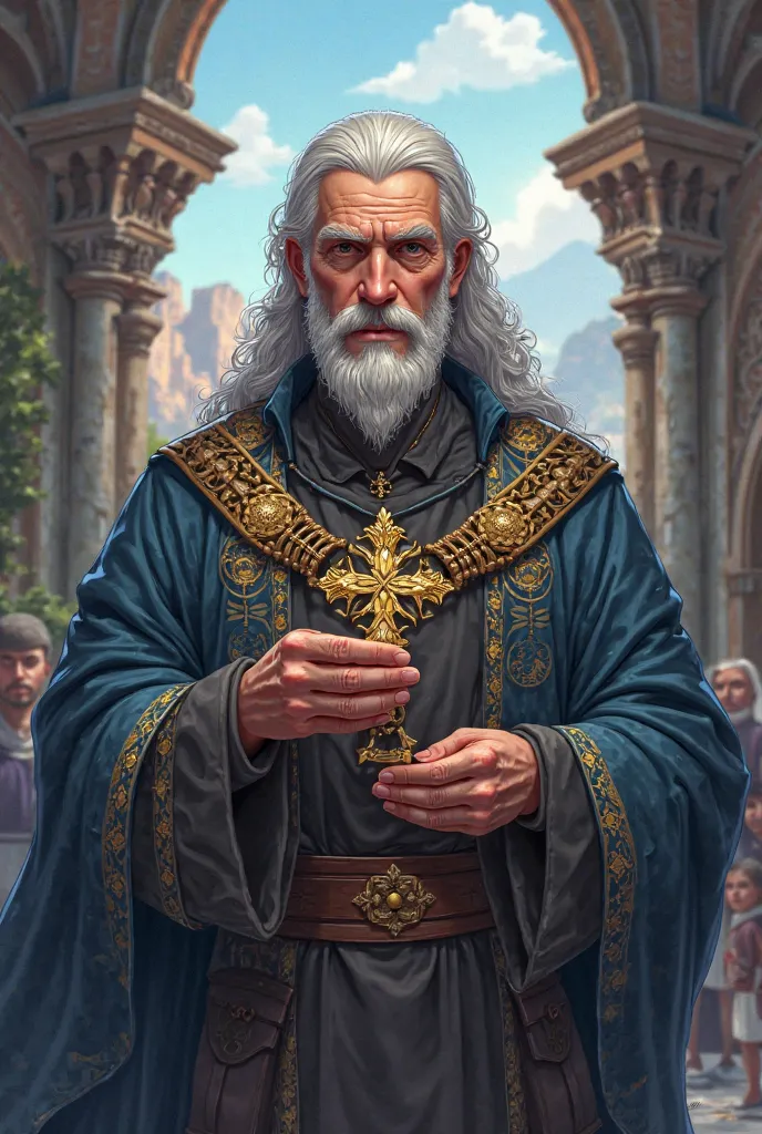 Make a 2D RPG character where he is a 46-year-old priest, lovable and respected by everyone in the kingdom. so angelic and beautiful that it seems to have been sculpted by God, But who hides an evil secret