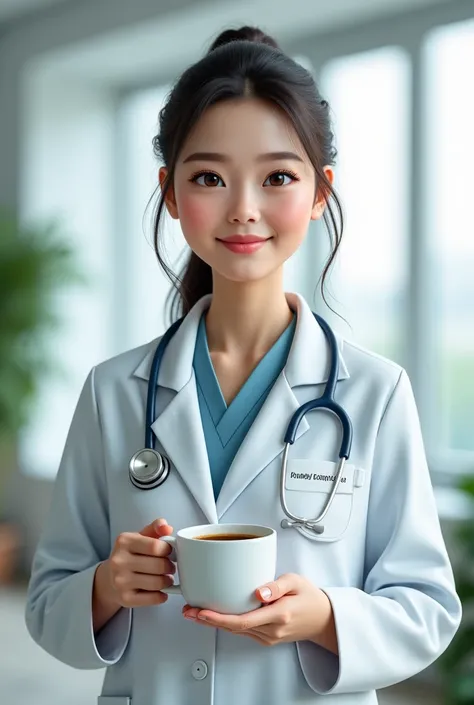 I know you're working, ten un cafecito ❤️ crea una imagen de una chics médico y está frase