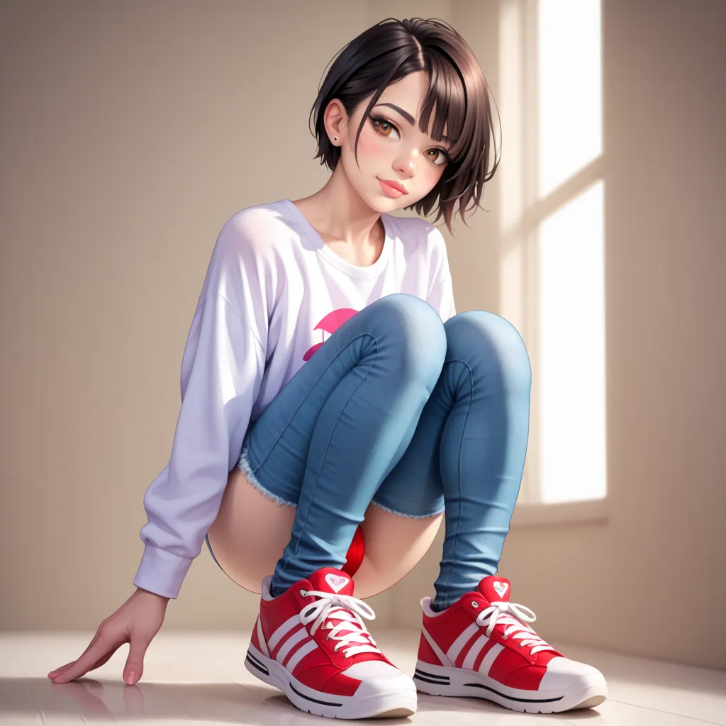 1 femboy, (Fat:0.75), stands on his feet, very short male black hair,  brown eyes,  red thong, white shirt, white thin jeans,  white sneakers, shy,  decent