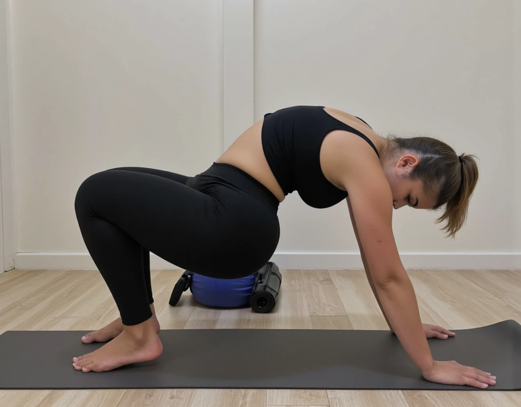 Candid photo of a stunningly attractive young woman on all fours. She is on her hands and knees. She is doing yoga. She is arching her back. She is on a yoga mat. Her hair is in a messy bun. She has a gorgeous natural mom body. View from the side. Thick th...