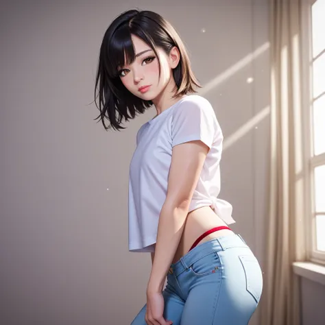 1 femboy, stands on his feet, very short male black hair,  brown eyes,  red thong, white shirt, white thin tight jeans,  white sneakers, shy,  decent