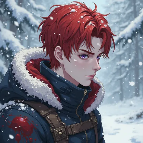 real image (Realistic); man, Young, age 24,  red hair,  medium hair,  white skin, Violet Eyes. Survival clothes.

Man wears powers; blood powers,manipulate blood, Control blood, bloodbending.

Snow scenarios behind him.