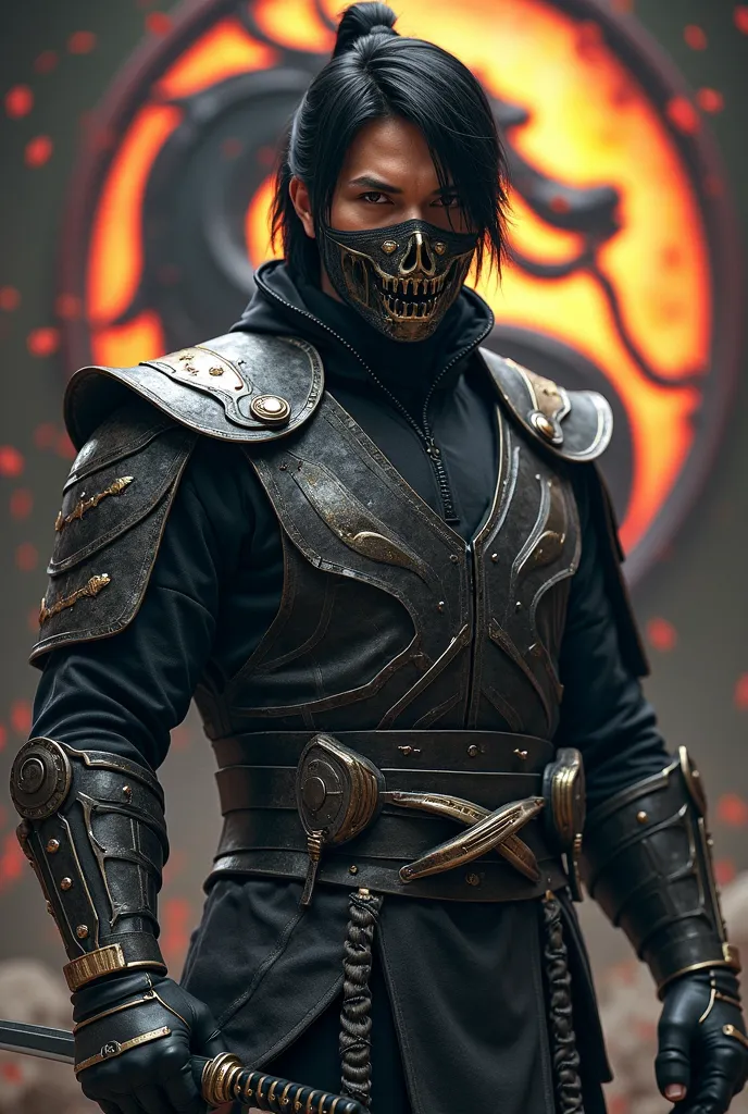 from Mortal Kombat, full length,
Takeda _Takahashi_KH, One, black hair, 1 boy,,  male focus ,  headband , science fiction, Realistic, Metallic black armor, skull mask, katana weapon, ( Masterpiece ,best quality:1.5), background mortal Combat logo