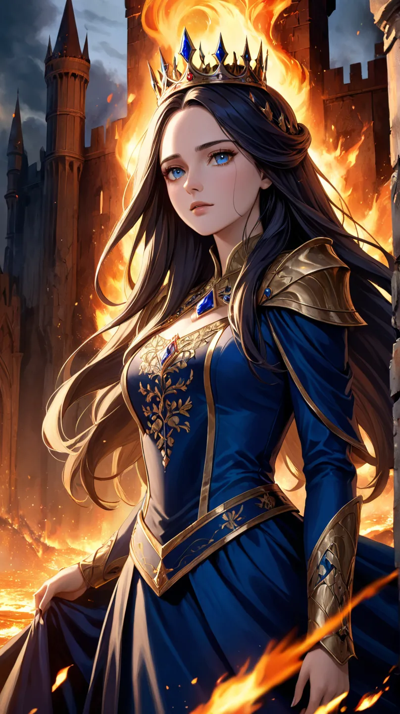 (Face-focused portrait)"A noble and proud princess, the last princess of a fallen kingdom, standing amidst a burning castle. Her deep sapphire eyes shine with determination, reflecting the burning embers of her lost kingdom. Her long, dark flowing hair swa...