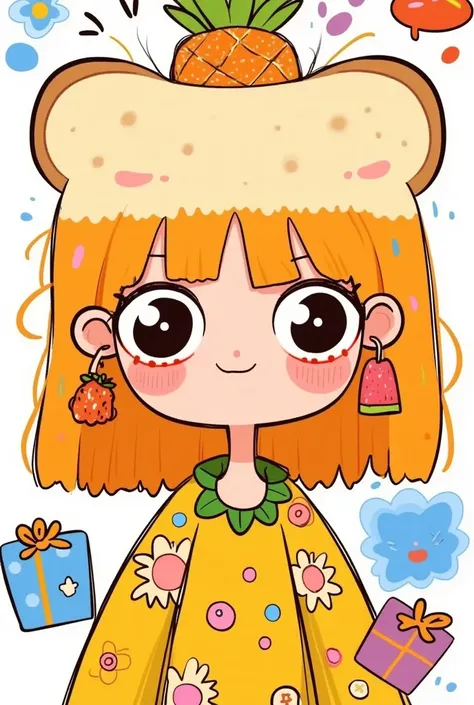 Cute cartoon vector-style graphic of happy,cheerful s wearing different outfits made fromfood, such as a bread hat and a pineapplecostume, a flower dress, or a gift box top, in brightpastel colors on a white background. The design issimple, with high-contr...