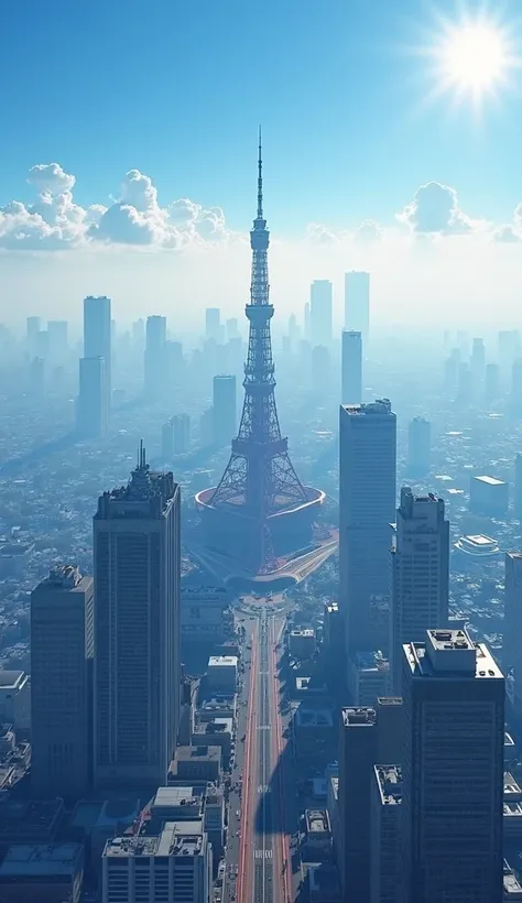 Modern Tokyo background,far away、Tokyo Tower and skyscrapers can be seen in the fog,Horizontal Angle from Aerial View from High Altitude,the extent that the ground is faintly visible,The spot is a group of low-rise buildings near the far blue sky,that does...