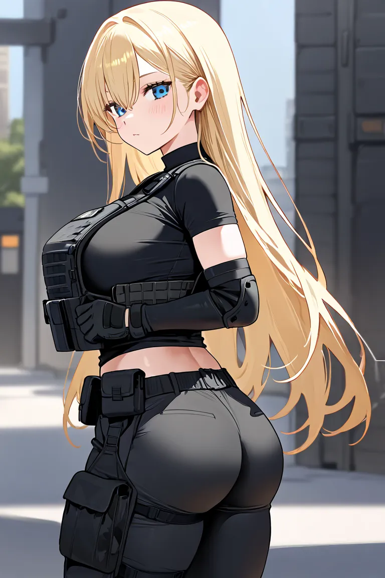 a women,blonde long hair, blue eyes,large breast,soft ass,black cargo pants,black t-shirt,tactical gloves,plate carrier black,