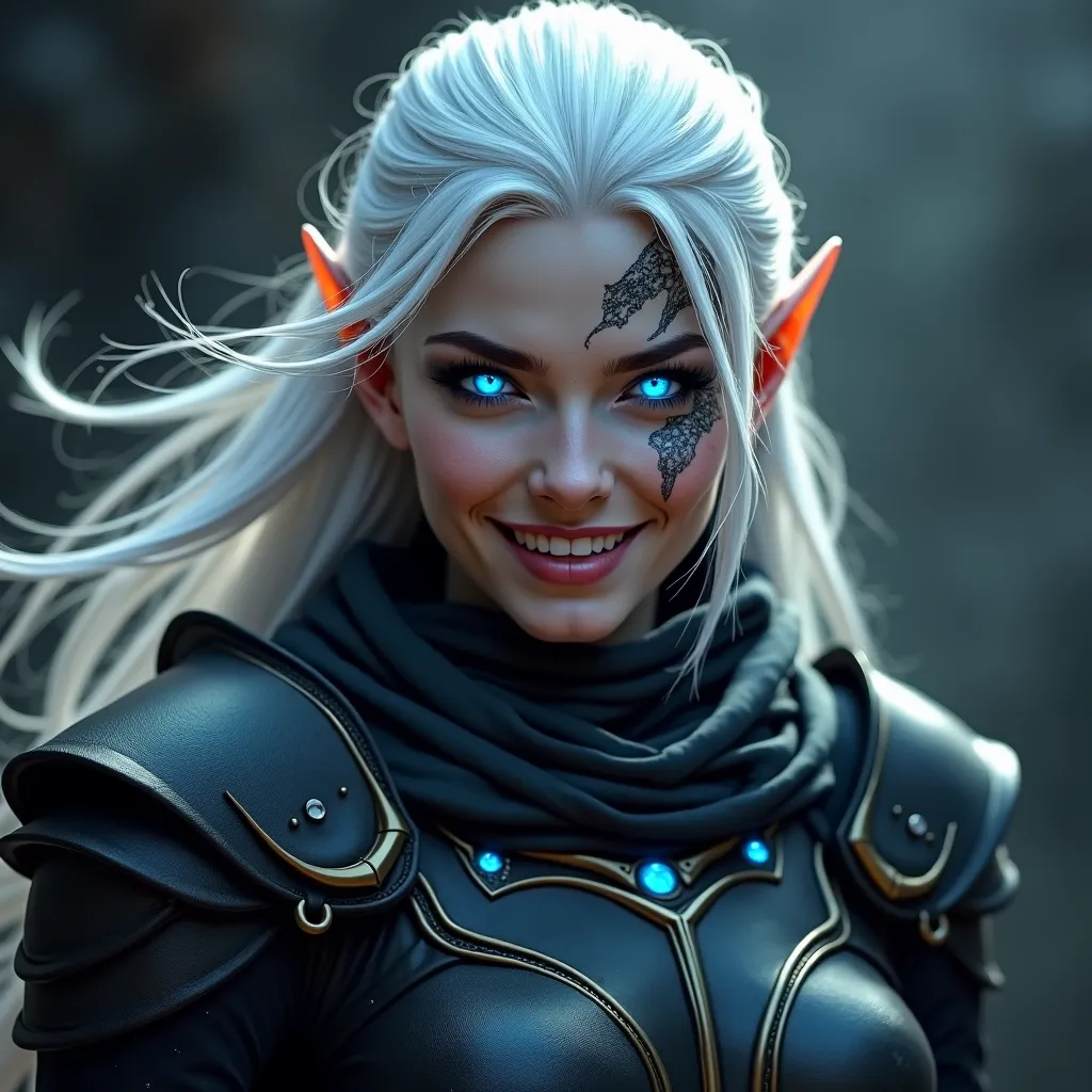 Elven woman with white hair, glowing blue eyes, dressed in black armor, scar on one eye, wide smile on her face