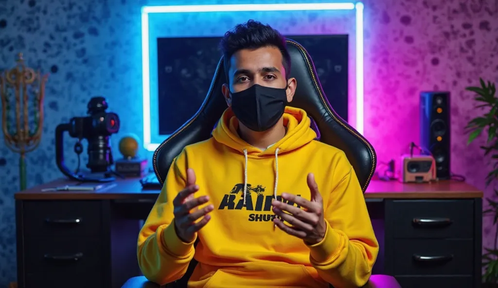 An Indian man sitting confidently on a modern gaming chair in his YouTube studio. He is wearing a bright Yellow hoodie with "Ai Bair Short" boldly printed on it. His face is clearly visible and expressive despite wearing a sleek black COVID-19 mask. The ma...