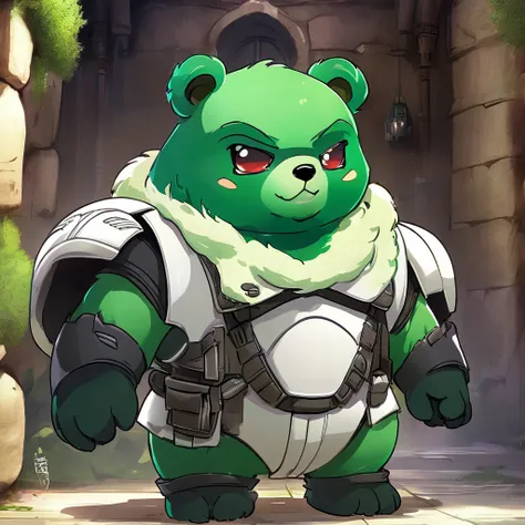 chibi, army of green bears, masterpiece, best quality, fumo, anthro, kemono, male, ((round face, very plump face)), ((endomorph body type, old-aged)), (Storm Trooper Helmet), ((green bear, bear) fluffy fur, fluffy), (at old ruin, dungeons), bokeh, (high qu...