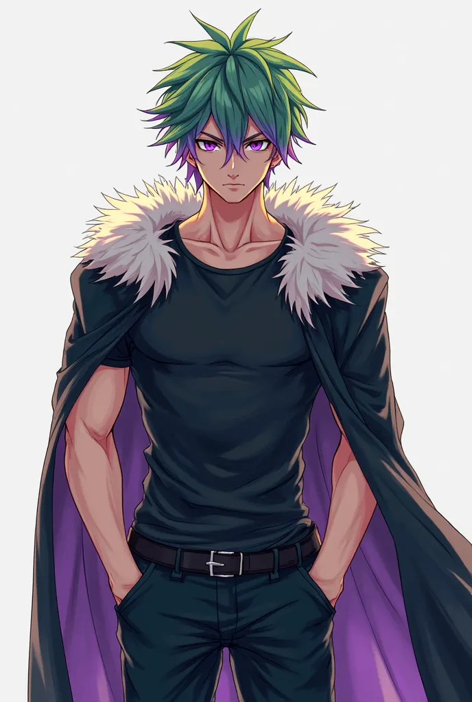  Anime boy,  Green hair with purple tips, short hair on the sides and longer on the top, violet eyes ,  muscular ,  black pants ,  black shirt,without gloves, hairy cape 