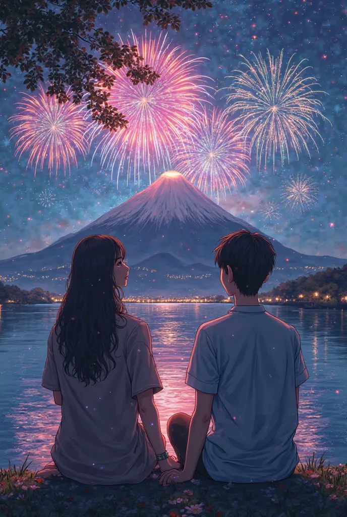 Two couples sit looking at the fireworks by the river and see Mount Fuji